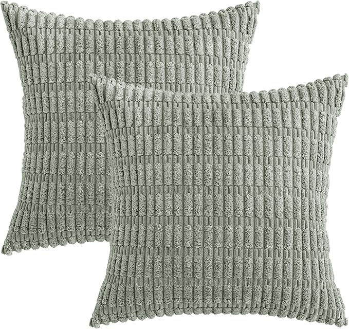 MIULEE Pack of 2 Spring Corduroy Decorative Euro Sham Throw Pillow Covers 22x22 Inch Soft Boho Striped Pillow Covers Modern Farmhouse Home Decor for Summer Sofa Living Room Couch Bed Greyish Green