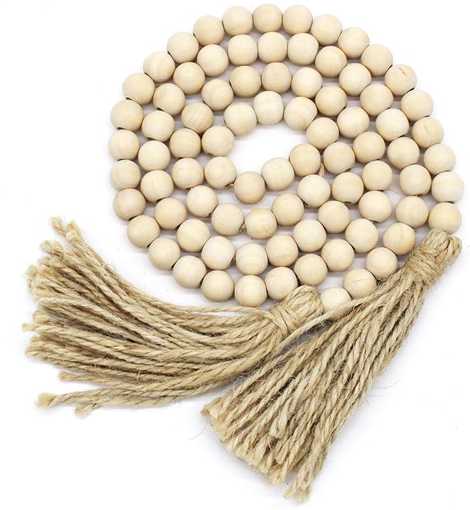 Farmhouse Decor Beads 60in Wooden Bead Garland with Tassels Rustic Minimalist Home Accent Prayer Country Boho Decoration for Wall Hanging Living Room Table Mantle Shelf Decor, Natural
