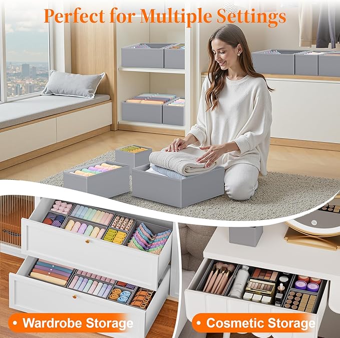 Drawer Organizer Clothes, 16 Pack Drawer Organizers and Underwear Organizer for Nursery, Dividers Clothes Organizer, Closet Organization and Foldable Storage Bins for Socks, Bra, Tie, Grey