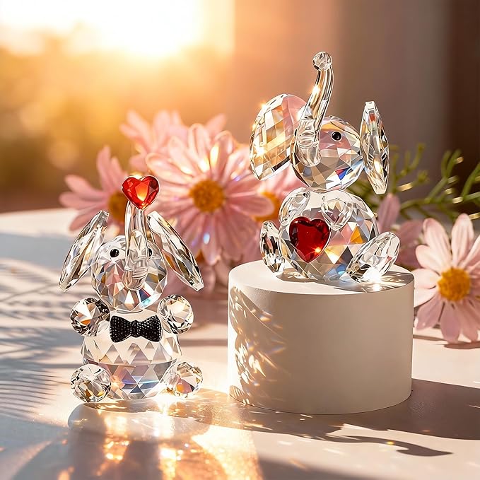 HDCRYSTALGIFTS Set 2 Crystal Elephant Figurines Gift for Women 3.5'' Miniature Glass Animals Collectible Valentine's Day Wedding Anniversary Tabletop Decoration