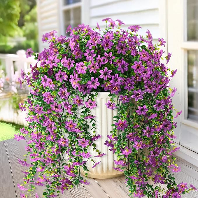 Artificial Fake Hanging Flowers Plants for Outdoor Spring Decoration,2 PCS Faux Silk Daisy with Eucalyptus Leaves,UV Resistant Look Real for Outside Home Indoor Planter Porch Patio Balcony Yard Decor