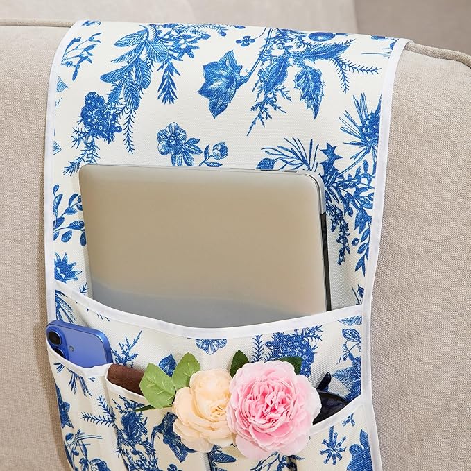 Sofa Armrest Organizer Non-Slip Arm Chair Hanging Caddy Remote Control Holder for Magazine,Tablet, Phone, Books, Glasses(BlueFloral,13in)