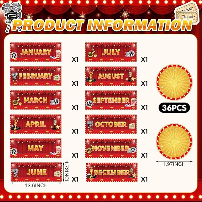 Zonon 48 Pcs Months of the Year Bulletin Board Set 12 Monthly Headliners Holiday Seasonal Monthly Bulletin Board Borders with 36 Round Blank Confetti Cutouts for Classroom(Movie Night Style)