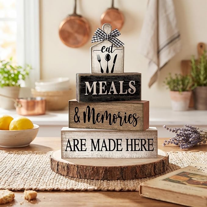 Moucuny 4 Pcs Farmhouse Kitchen Decor Wooden Plate Farmhouse Table Decor Black Brown and White Tableware Centerpiece Rustic Decorative Plates Stacked Block Sign for Display Cabinet Kitchen Decoration