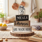 Moucuny 4 Pcs Farmhouse Kitchen Decor Wooden Plate Farmhouse Table Decor Black Brown and White Tableware Centerpiece Rustic Decorative Plates Stacked Block Sign for Display Cabinet Kitchen Decoration