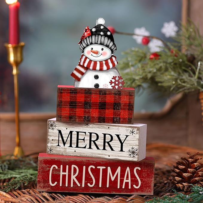 Lineshading 4 Pcs Christmas Table Decoration Wooden Snowman Decor Christmas Tiered Tray Decor Red Buffalo Plaid Block Signs Snowman Table Centerpiece Farmhouse Winter Decoration for Home Kitchen Shelf