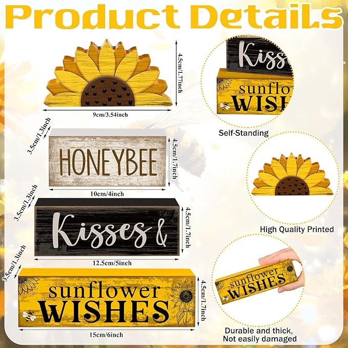 Lineshading 4 Pcs Summer Table Decor Wooden Sunflower Tiered Tray Decor Rustic Farmhouse Yellow Block Signs Gifts Summer Tabletop Centerpieces for Home Kitchen Coffee Bar Decorations