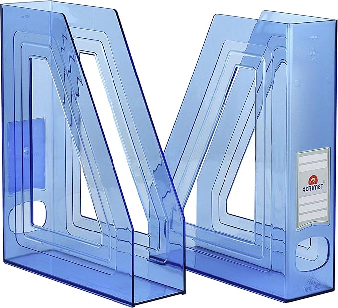 Acrimet Magazine File Holder Bin Storage, Vertical Rack for Documents, Folders and Mail, Durable Plastic Desk Organizer for Office & Home (Clear Blue Color) (2 Pack)