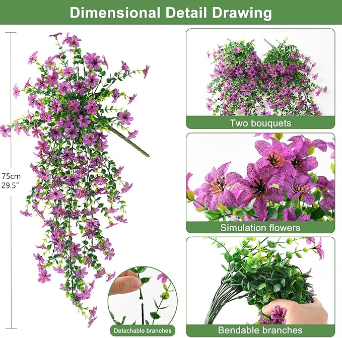 Artificial Fake Hanging Flowers Plants for Outdoor Spring Decoration,2 PCS Faux Silk Daisy with Eucalyptus Leaves,UV Resistant Look Real for Outside Home Indoor Planter Porch Patio Balcony Yard Decor