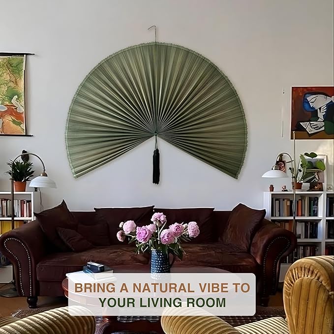 Chicvillage Fan Wall Decor 60", Fan Decor for Bedroom, Wall Fan Decor Large Bamboo Handwoven Art, Decorative Fans for Wall, Boho Headboard Hanging (Green)