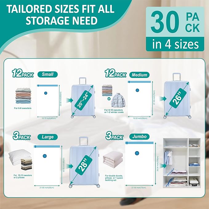 Cozy Essential Travel Vacuum Storage Bags with Rechargeable Cordless Electric Pump, Space Saver Bags for Luggage, Suitcase, Carry-On, for Clothes, Blankets, Comforters, Pillows, 30 Combo