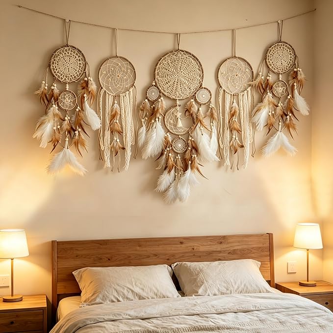 5 Pcs/Set Large Dream Catchers Boho Wall Decor Feather Handmade Traditional Dream Catcher Wall Hanging Decor for Kids Bedroom Adult Living Room Home Bohemian Decorations (Hemp Rope)