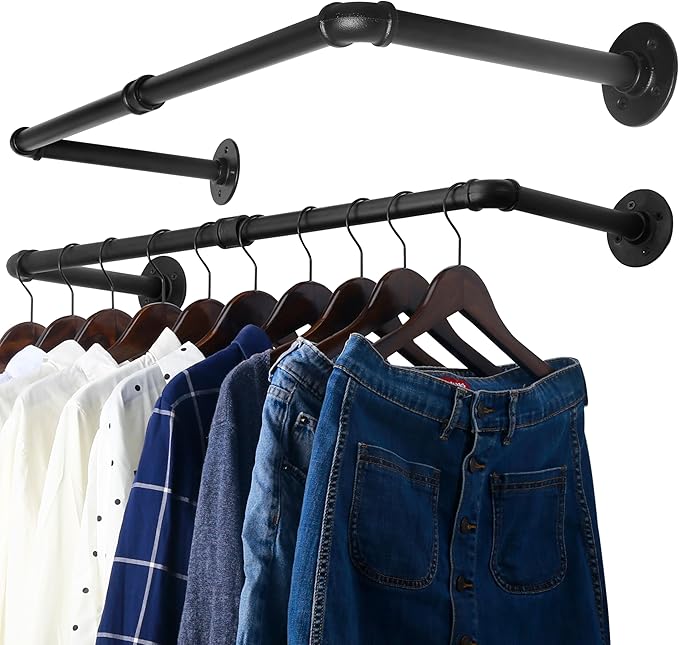 WEBI Clothing Rack Wall Mount,24" Industrial Pipe Clothes Rack for Hanging Clothes,Heavy Duty Iron Garment Rack Bar,Retail Display Clothes Rod for Closet,Laundry Room,Black,2 Packs