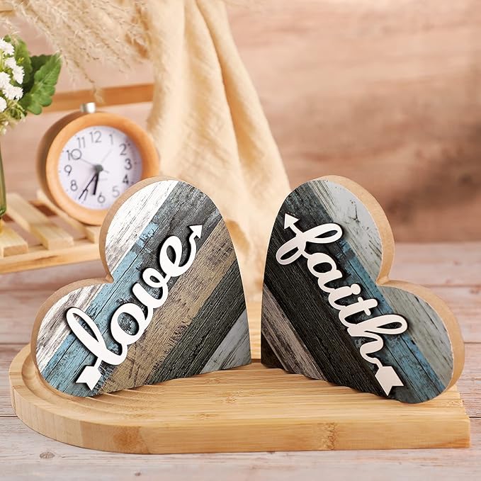 Jetec 2 Pcs Rustic Decorations for Living Room Home Shelf Mantel Entryway Table, Farmhouse Knick Knacks Christian Table Centerpiece Wooden Heart Decor for Dining Room Housewarming Gift(Love Style)