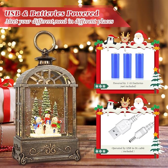 Christmas Snow Globe Lantern,Christmas Decorations Indoor for Home,with 6 Hour Timer Musical Snow Globes,Battery Or USB Powered Swirling Glitter Lantern Christmas Decor Gifts,Snowman Family