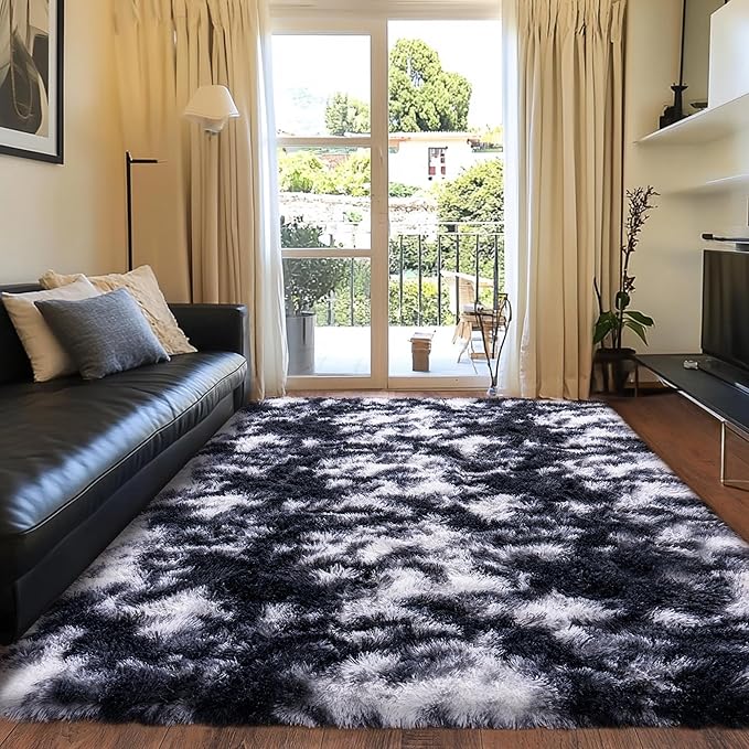 Black and White Rug for Living Room, 8x10 Area Rug for Bedroom, Bedside Indoor Floor Fluffy Shag Carpet, Plush Soft Rug for Boys Girls Kids Room Nursery Dorm Home Decor