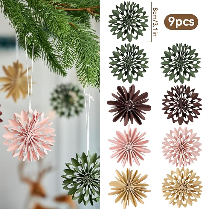 9PCS Mini Christmas Snowflake Ornament - Paper Hanging Snowflake Ornament for Christmas Tree Boho Paper Hanging Decorations for Holiday Indoor Home Decor