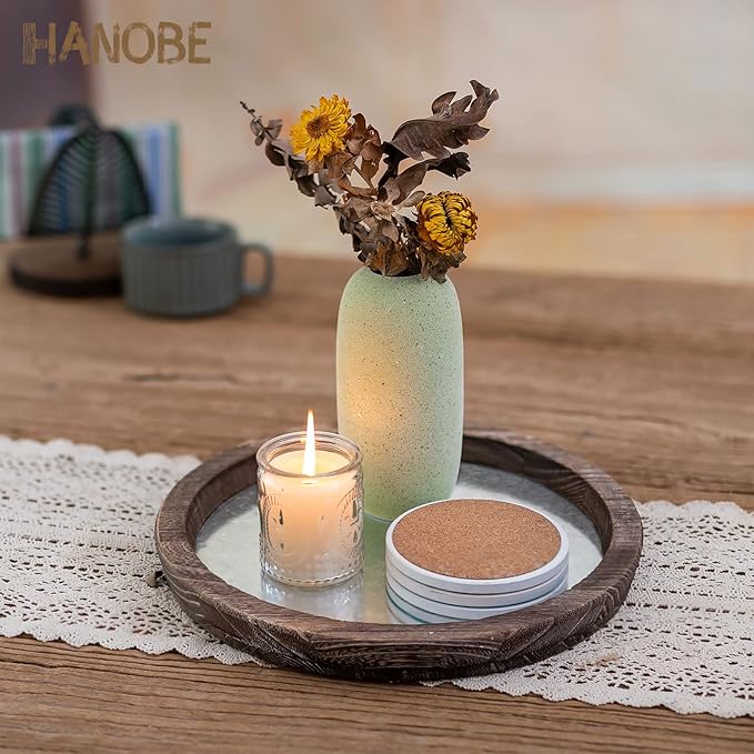 Hanobe Round Wood Decorative Tray: Rustic Wooden Tray for Coffee Table Farmhouse Centerpiece Mirror Candle Holder Vintage Mirrored Bar Plate Ottoman Topper for Home Decor Bathroom Kitchen