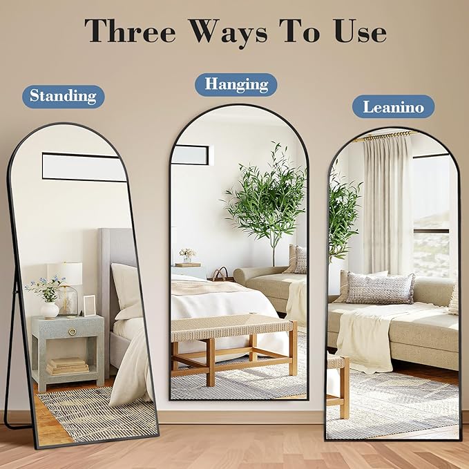 DUMOS Arched Full Length Floor Mirror, 65"x24" Full Body Standing Mirror with Aluminum Frame and Shatter Proorf Nano Glass, Modern Wall Hanging Leaning for Living Room, Home Decor, Black