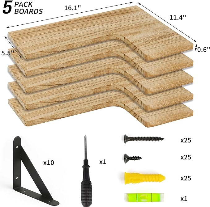 Fixwal Floating Shelves for Wall Set of 5, Rustic Wood Wall Mounted Corner Shelf for Bathroom, Kitchen, Bedroom, Home Decor, Laundry Room, Living Room (Carbonized Black)