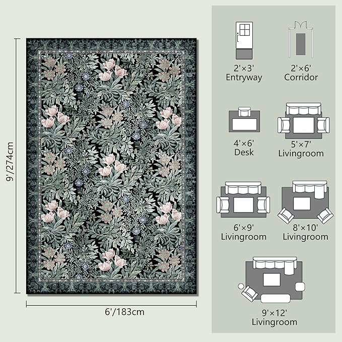 Washable Area Rugs 6x9 Black Green Vintage Floral Botanical Pattern,Perfect for Living Room, Bedroom, Kids Room, Nursery - Stain & Water Resistant Non-Slip, Pet & Child Friendly/Bedroom Decor