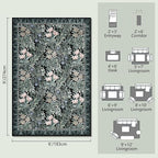 Washable Area Rugs 6x9 Black Green Vintage Floral Botanical Pattern,Perfect for Living Room, Bedroom, Kids Room, Nursery - Stain & Water Resistant Non-Slip, Pet & Child Friendly/Bedroom Decor