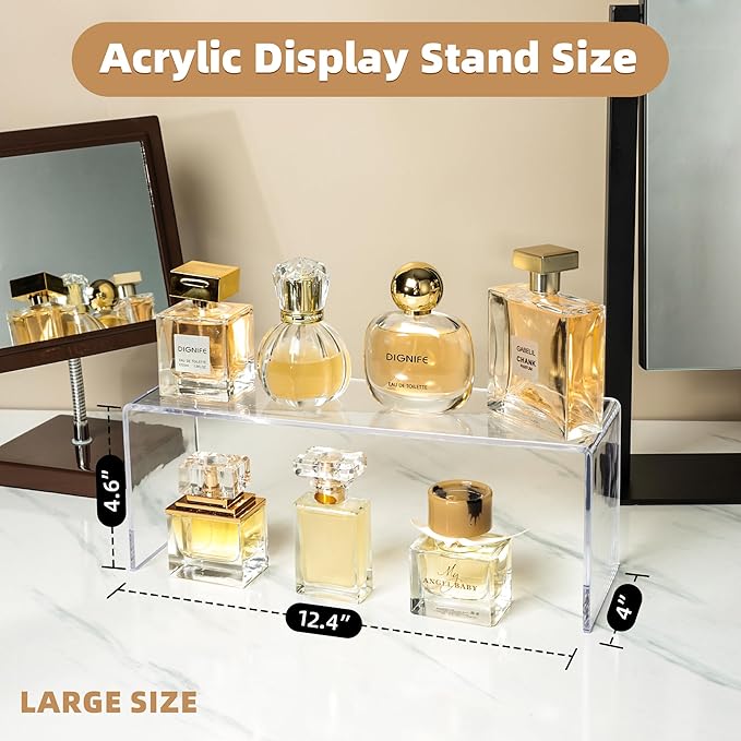 Aminigram 4 Pack Large Acrylic Risers Display Stands, Perfume Organizer Stand, Clear Acrylic Shelf for Show Decor Display, Toys, Cupcake and More(12.4 x 4 x 4.6 inches)