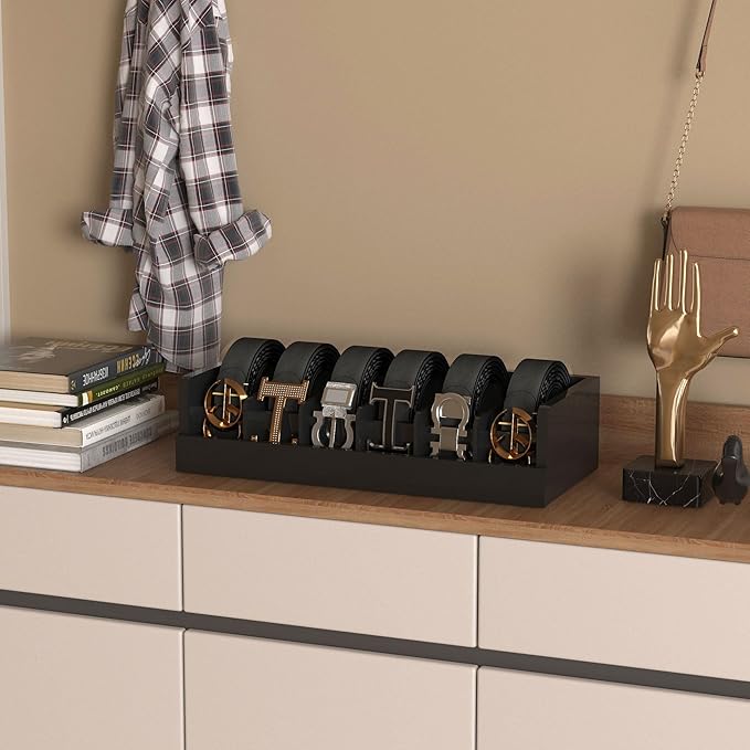 Belt Organizer for Closet - 6 Grids Black Bamboo Belt Storage Organizer Racks for Men Women's Drawer, Belt Display Holder Wall Mount with 2 Pcs Tie Clip