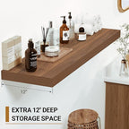 Vivelove Rustic Floating Shelves for Wall 12 Inch Deep, 24" X 12" X 1.5" Floating Shelf, 2 Inch Thick Shelf for Living Room Bathroom Bedroom Kitchen Office, Rustic Farmhouse Decor Set of 2, Walnut