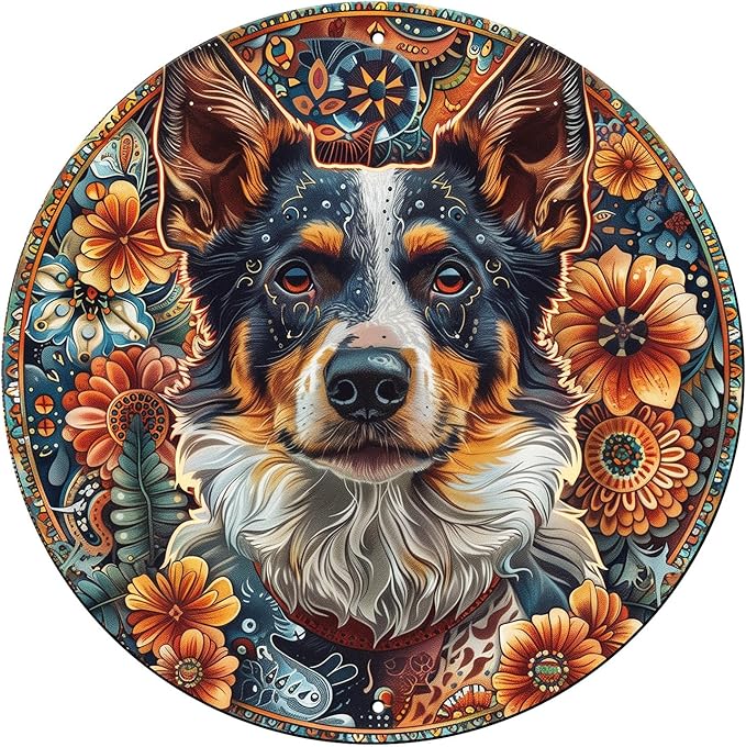 Round Sign Australian Cattle Dog Tin Sign Retro Aluminum Metal Sign for Kitchen Garden Bar Office Home Indoor Wall Decor 12 Inch