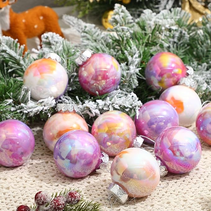 Soulchen 24 Pcs Christmas Iridescent Ornaments 2.36 Inch Plastic Rainbow Hanging Gradient Ball Christmas Tree Decoration Fake Bubble for Xmas Tree Winter Party Holiday Home Decorations