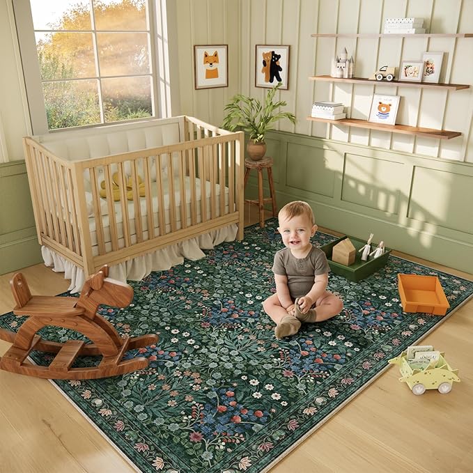 Floral Dark Green Area Rugs 5x7, Soft Washable Non-Slip Low Pile Boho Rugs for Living Room & Bedroom, Stain Resistant Forest Farmhouse Large Carpet for Dining Room & Office