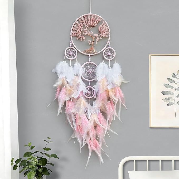 Large Pink Dream Catchers,Crystal Tree of Life Dreamcatcher,Perfect Pink Crystal Handmade Dreamlike Dream Catchers for Girls Bedroom Decor Art Craft Gift (Pink)