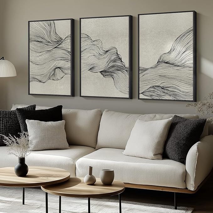 Large Framed Neutral Modern Abstract Wall Art, 3 Piece Black and Beige Canvas Prints Paintings Artwork for Walls, Minimalist Line Pictures for Living Room Hallway Office Wall Decor -Total 30x60 Inch