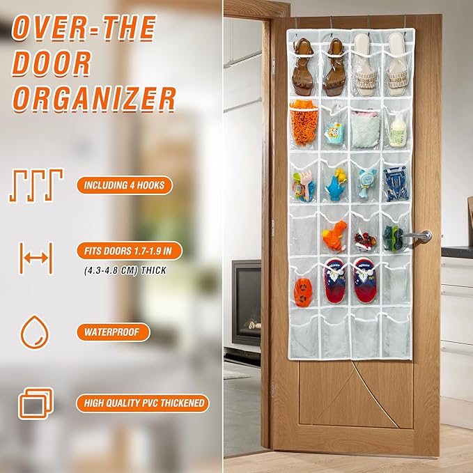 Over the Door 24 Pocket Hanging Shoe Organizer, Space Saving Hanging Storage Holder, Gray, (56" X 22.5")
