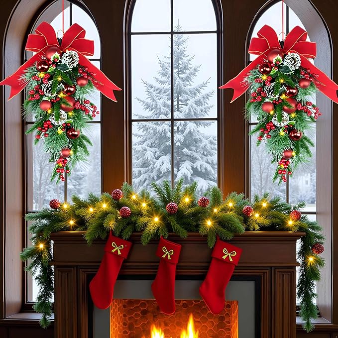 24" Pre-lit Decorative Teardrop Swag, Battery Operated Christmas Swag with Fairy Lights, Red Bowknot & Baubles, Pine Cones, Red Berries, Green Leaves Holly, Spruce Branches, Pine Needles