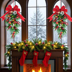 24" Pre-lit Decorative Teardrop Swag, Battery Operated Christmas Swag with Fairy Lights, Red Bowknot & Baubles, Pine Cones, Red Berries, Green Leaves Holly, Spruce Branches, Pine Needles