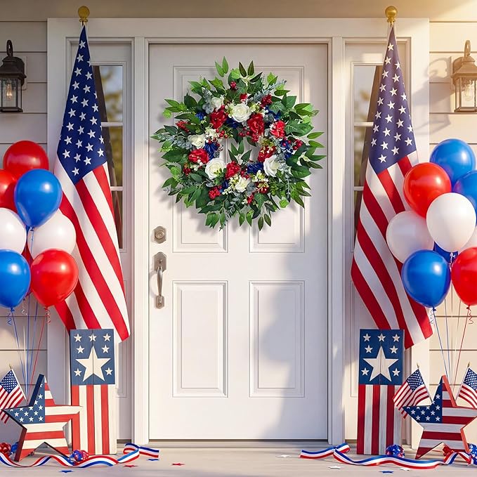 24 Inch 4th of July Wreath, Patriotic Wreaths for Front Door, Red White Blue Spring Summer Door Wreaths for Independence Day,Memorial Day Wreaths for Front Door Wall Window Decor