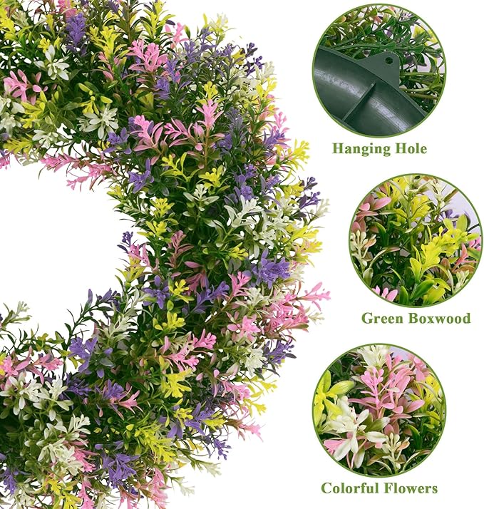SHACOS Spring Wreath 17" Artificial Front Door Wreaths Pink Purple Yellow White Colorful Wreath for Home Wall Window Farmhouse Decoration 100% Plastic Indoor Outdoor