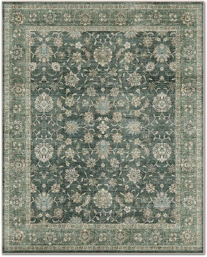 Washable 10x14 Area Rugs for Living Room, Boho Non-Slip Vintage Distress Large Rugs for Bedroom Dining Room Office, 0.3" Neutral Oriental Throw Thin Carpet, Sage Green/Blue/Multi
