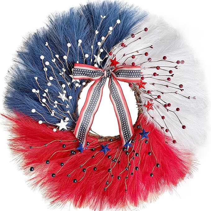 TEMPUS 30 Inch Patriotic Wreath for Front Door, Artificial Pampas Grass Reeds Wreath with Red White Blue Berries and Metal Stars, 4th of July Memorial Day Decor