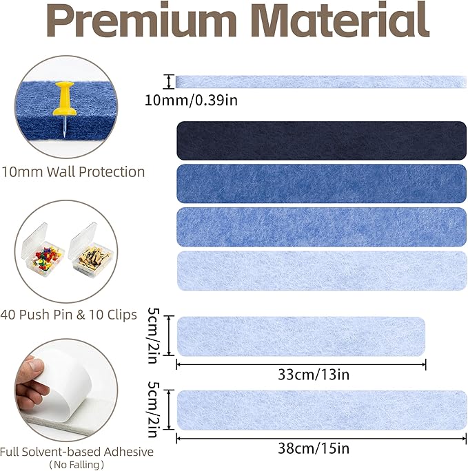 Cork Board for Walls - 8 Pack Felt Pin Board Bar Strips - Self-Adhesive Lightweight Bulletin Board - Cork Board for Office with 40 Push Pins No Damage for Wall
