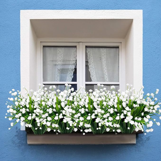 12 Bundles Artificial Flowers for Outdoors Spring Decor, Realistic UV Resistant Fake Plants Faux Plastic Flowers for Outside Planter Home Gardens Patio Porch Yards Cemetery Summer Decor(White)