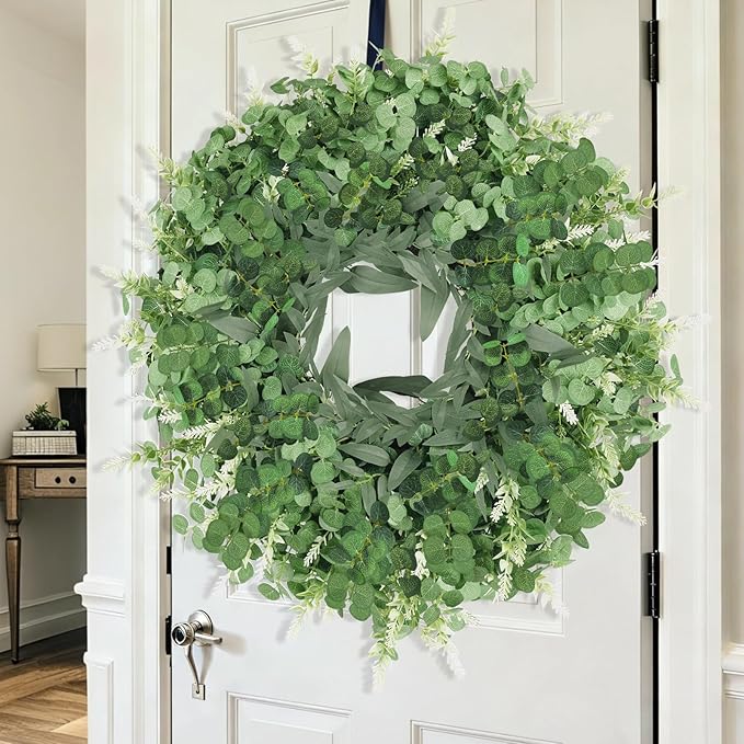 26" Large Eucalyptus Wreath for Front Door Spring Summer Greenery All Season Green Year Round Artificial Eucalyptus Leaves Wreath for Porch Farmhouse Home Wall Window Outdoor Indoor Decorations