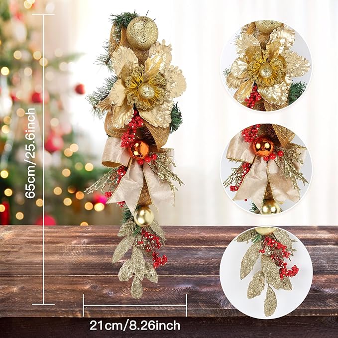 Gold Christmas Swag with Glitter Flowers, Ornaments, Pinecones and Ribbon Bow – 25.6" Teardrop Swag Christmas Front Door Decor Artificial Wall Door Hanging Holiday Decoration