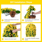 Artificial Faux Hanging Flowers Basket for Spring Summer Outdoor Porch Decor, Fake Silk Colorful Morning Glory Eucalyptus in Planter UV Resistant Look Real for Home Balcony Yard(Yellow)