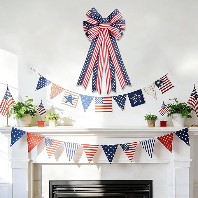 2PCS Large 4th of July Patriotic Bows for Wreath with Red White & Blue Stripe Stars Design for Front Door, Outdoor & Indoor Independence Day Decor