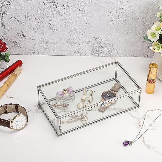 Hipiwe Glass Keepsake Display and Jewelry Organizer With Lid - Silver Decorative Clear Rectangle Storage for Trinket Perfume Collection - Gift for Birthday Anniversaries, Large