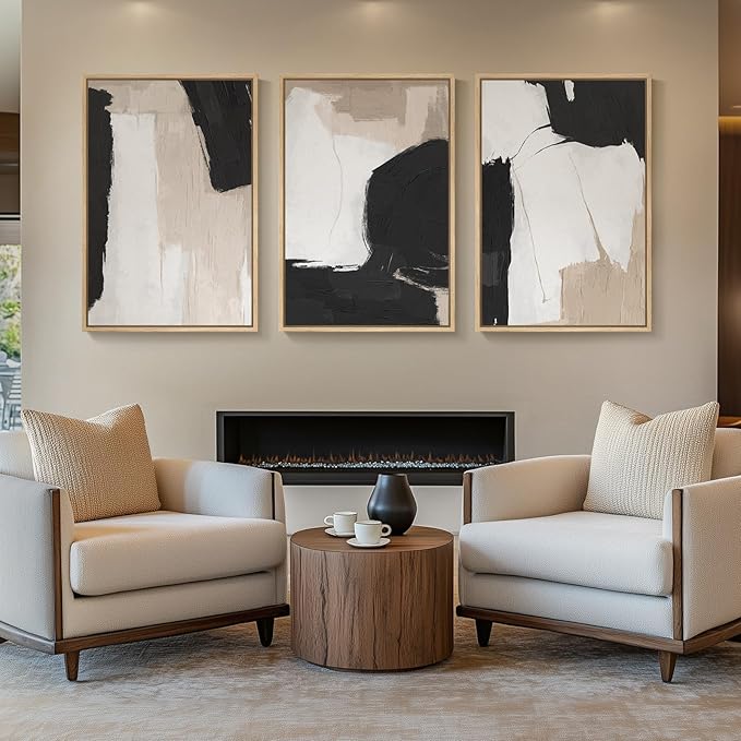 Large Framed Black and White Neutral Abstract Wall Art for Living Room, 3 Piece Canvas Prints Paintings Artwork for Walls, Modern Minimalist Abstract Pictures for Hallway Office Wall Decor 24x36 In