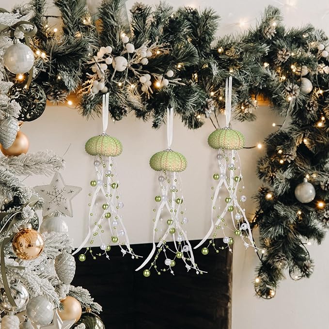3 Pcs Sea Urchin Jellyfish Christmas Ornament Coastal Beaded Beach Theme Holiday Decorations Ocean Inspired Elegant Hanging Jellyfish Decorations with Crystal and Ribbons (Green)